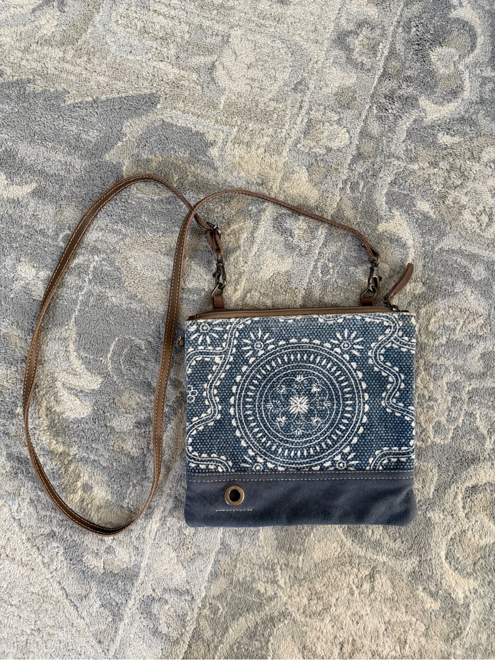 Myra Sapphire Boho Medallion Crossbody Bag in Navy and Brown